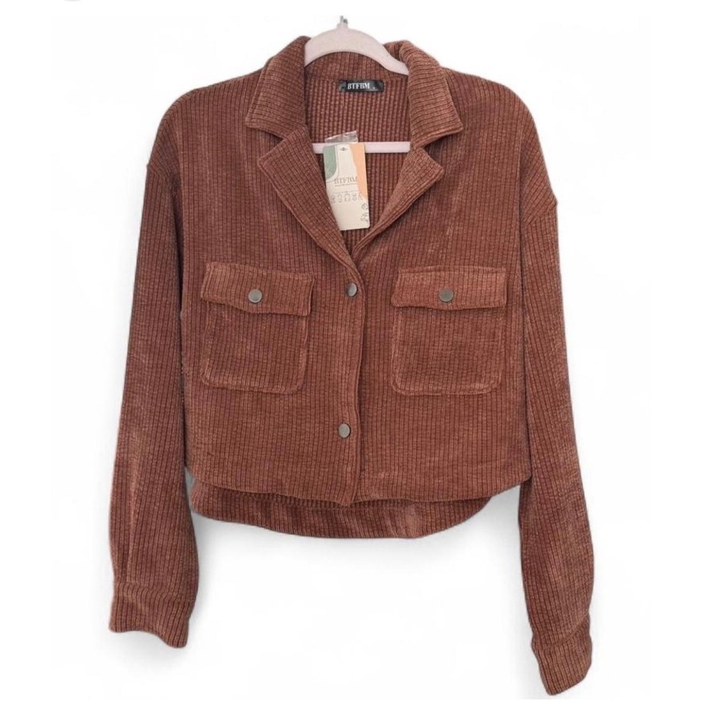 BTFBM Womens XL Brown Ribbed Corduroy Cropped Shacket Button Down Long Sleeve
